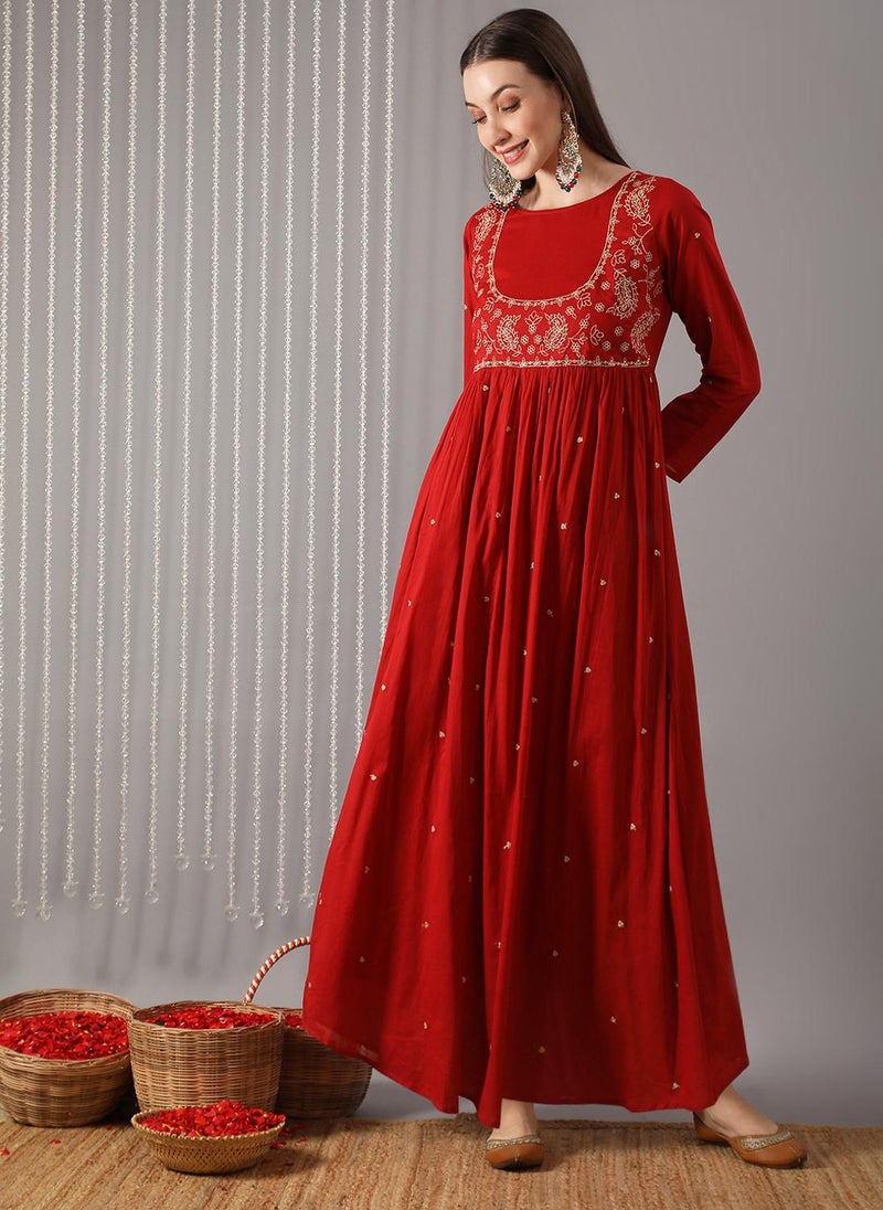 Globus Women Red Boat Neck Embroidered Gathered A-Line Maxi Festive Dress - Image 1